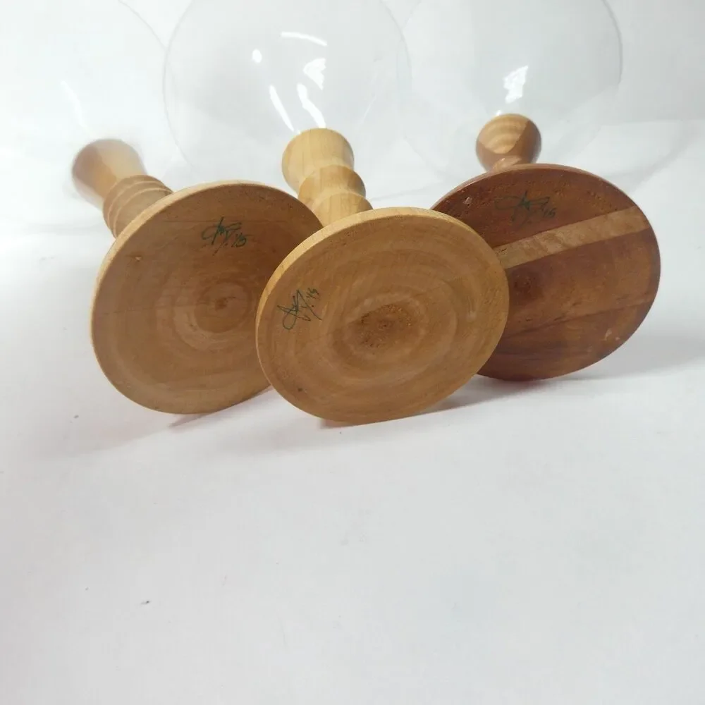 3 Turned Wood Stem Martini Glasses Signed Handmade Wooden